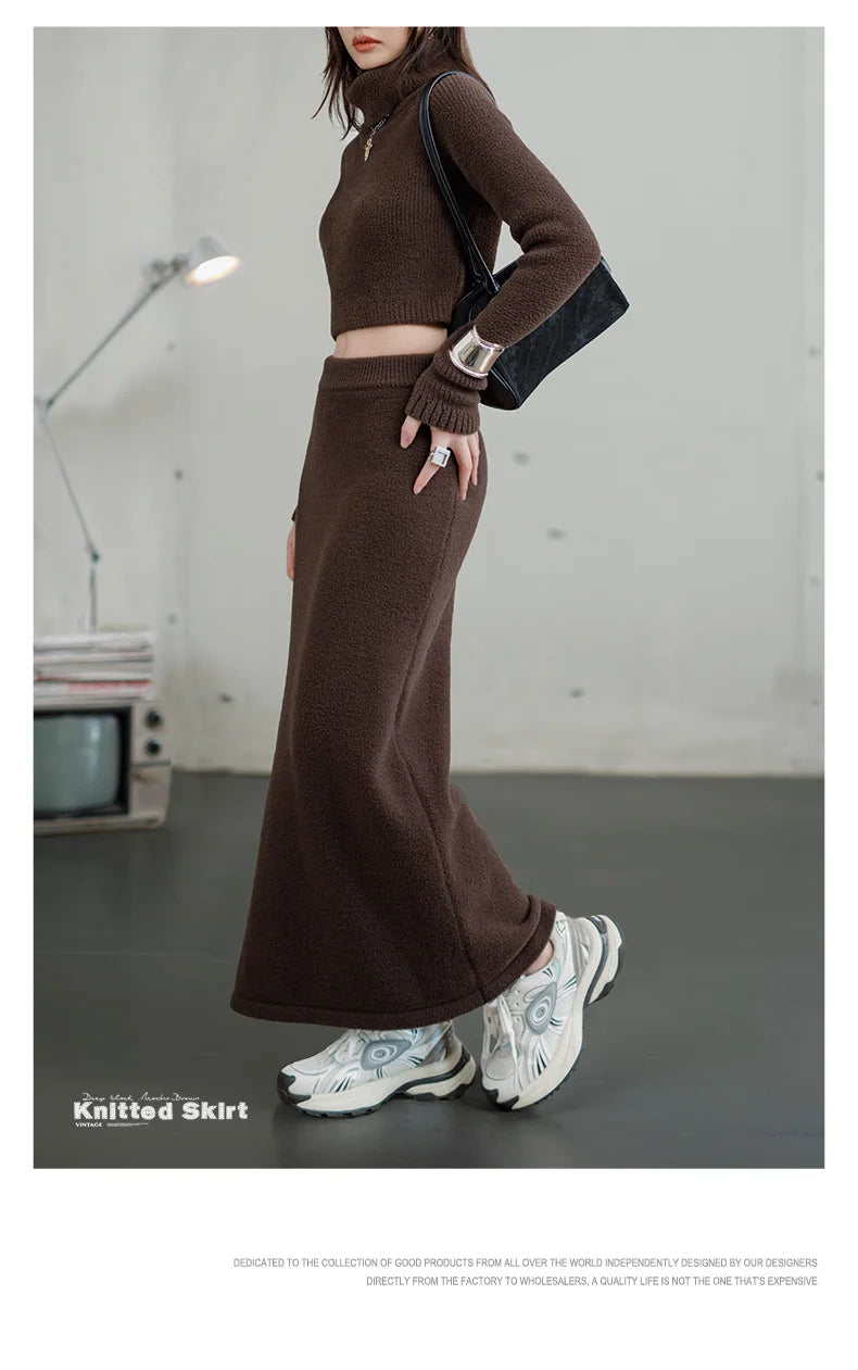 Maden Retro Knitted Skirt Solid Color Slit Fit with Single-side Slit Versatile A - line Skirt for Women's Autumn and Winter RT220