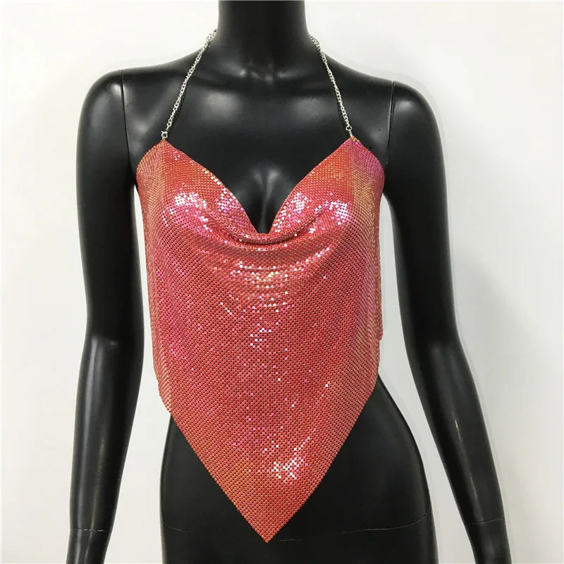 New Sexy Backless Metal Sequined Solid Camis Sleeveless Halter Hollow Out V Neck Adjustable Chain Women Nightclub Crop Tops RT220