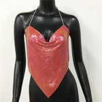 New Sexy Backless Metal Sequined Solid Camis Sleeveless Halter Hollow Out V Neck Adjustable Chain Women Nightclub Crop Tops RT220