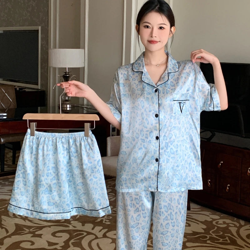 Honey Peach Print Lace Korean Ins Style Pajamas Women Y2k Three-piece Set Classy Sweet Cute Lady Lounge 2024 New Spring Homewear RT220
