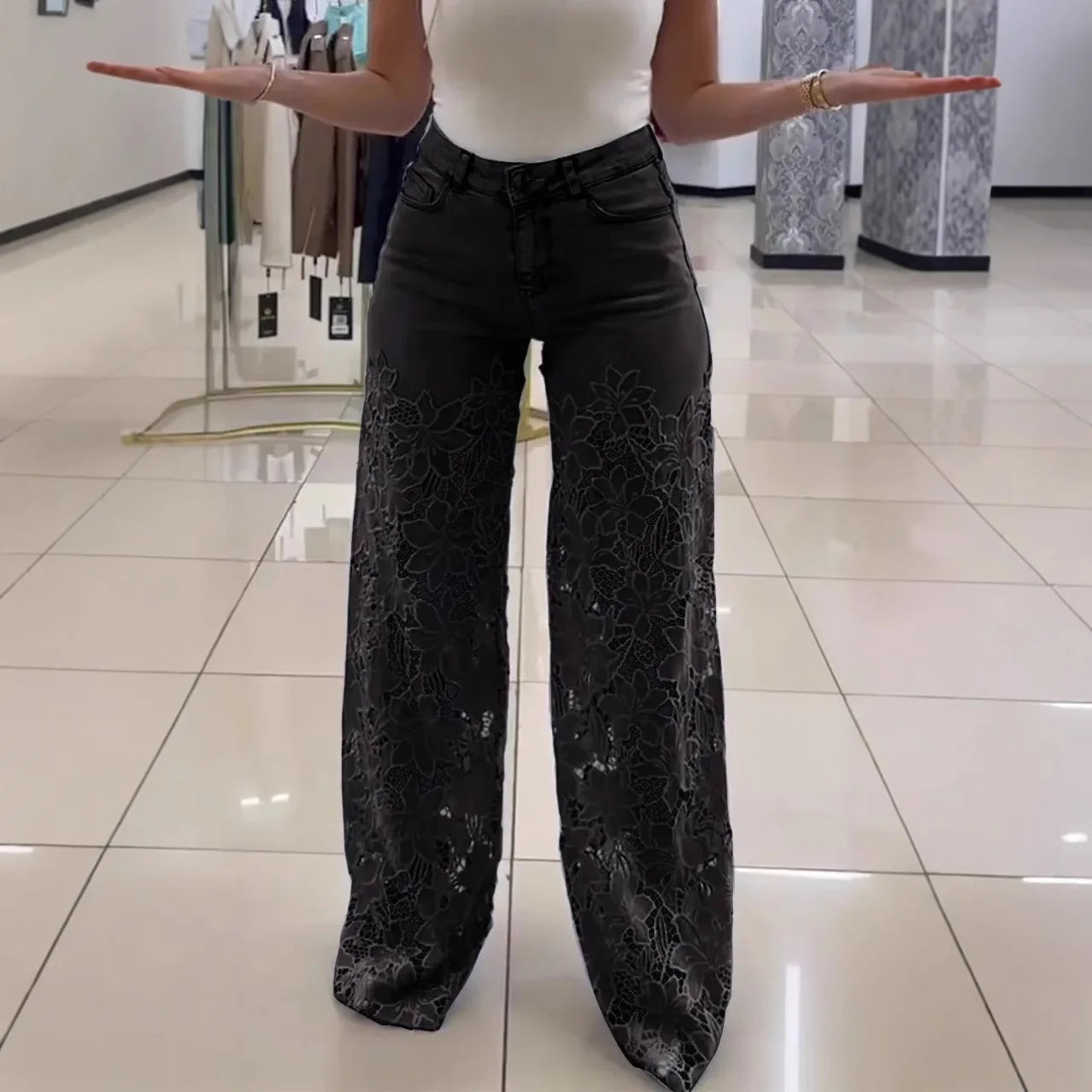 Women's Spring Summer Fashion Hollow Out Lace Splicing Denim Drape Pants Full Length Trousers RT220