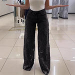Women's Spring Summer Fashion Hollow Out Lace Splicing Denim Drape Pants Full Length Trousers RT220
