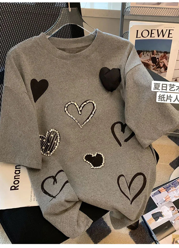Women Three dimensional Love Ironing Short-sleeved T-shirt 2023 Summer New Casual Fashion Loose Grey Pullover Female RT220