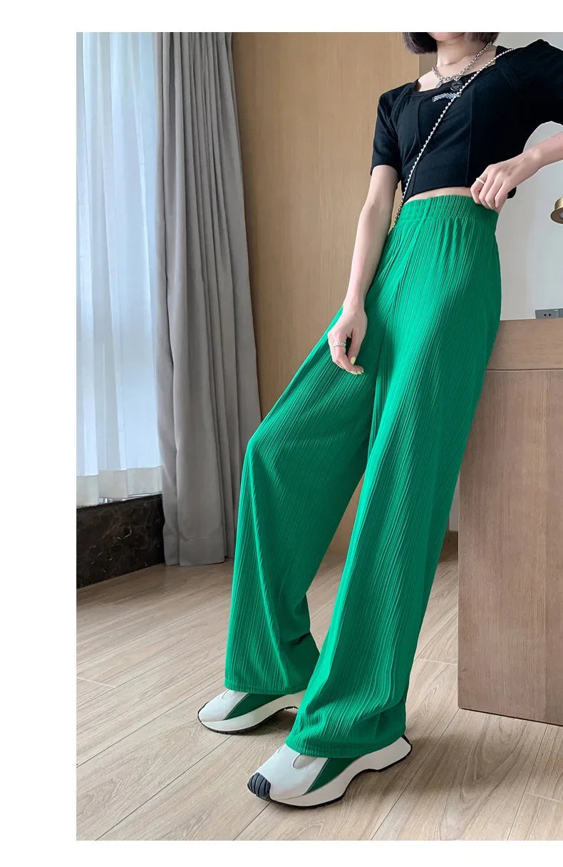 Thin Summer Wide-leg Pants Ice Filament Permeability Women Spring  Women Elastic Waist Stright Long Wide Leg Pants Casual Female RT220