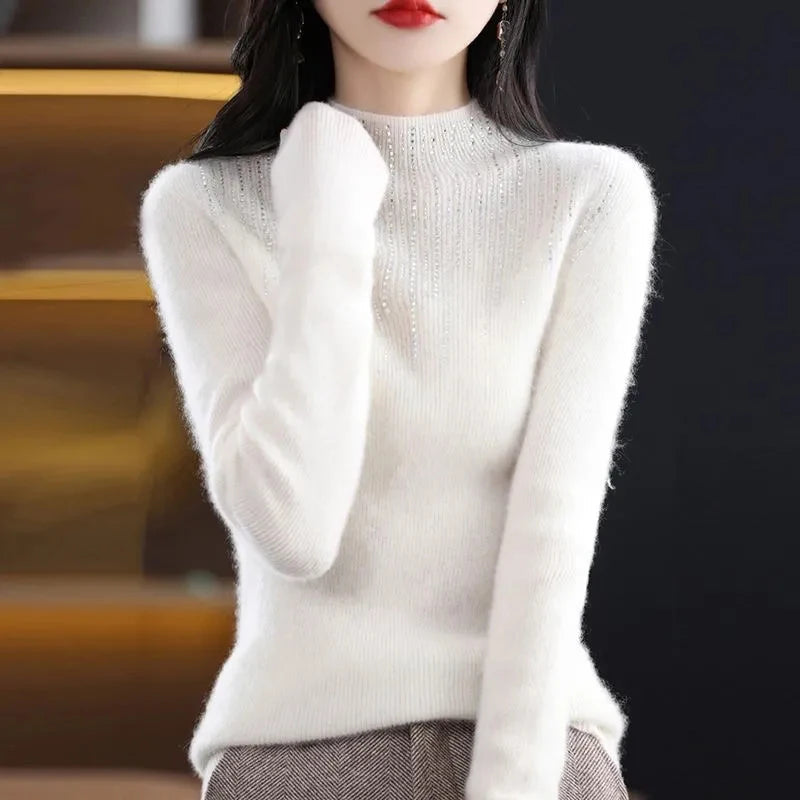 Lucyever Luxury Shiny Crystal Turtleneck Sweaters Women Fashion Slim Rhinestones Knitted Jumper Ladies Solid Soft Warm Pullover RT220