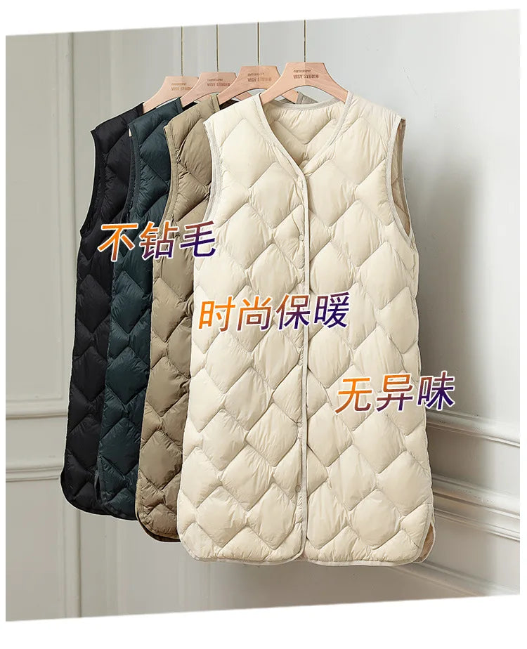 Women Sleeveless X-long Ultra Light Down Jackets 2024 New Arrivals Autumn Winter Korean Fashion V-neck Liner Vest Down Coats 3XL RT220
