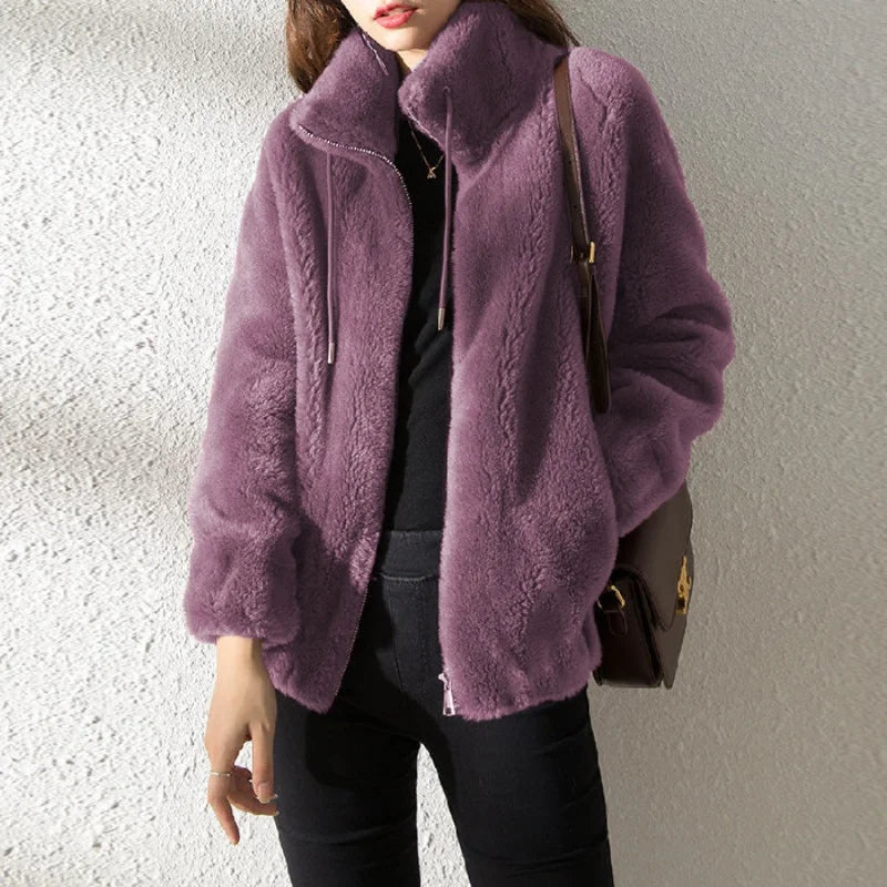 Women Autumn Winter Faux Fur Coats Zipper Cardigan Plush Thick Warm Coat Loose Oversized Outerwear Female Coral Fleece Overcoat RT220