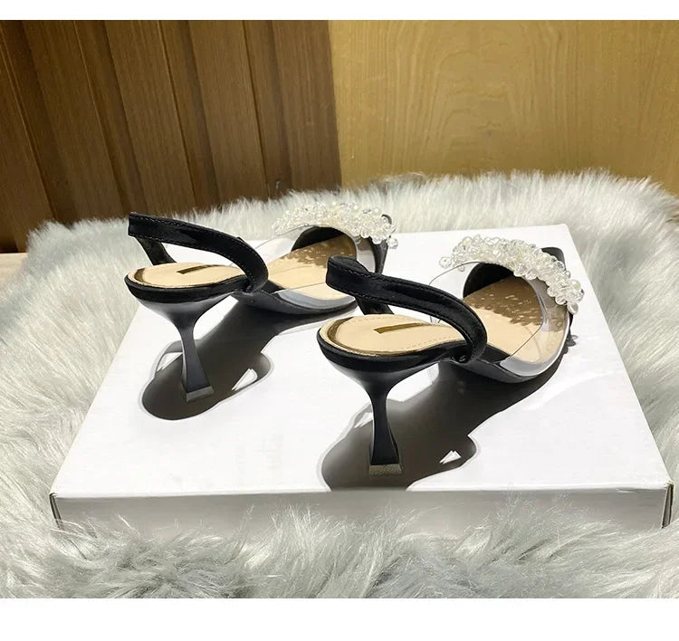 Summer Women Baotou Sandals 2024 New French Transparent Pointed Toe Crystal Stiletto Heel Sandals Pumps Zapatillas Mujer RT220