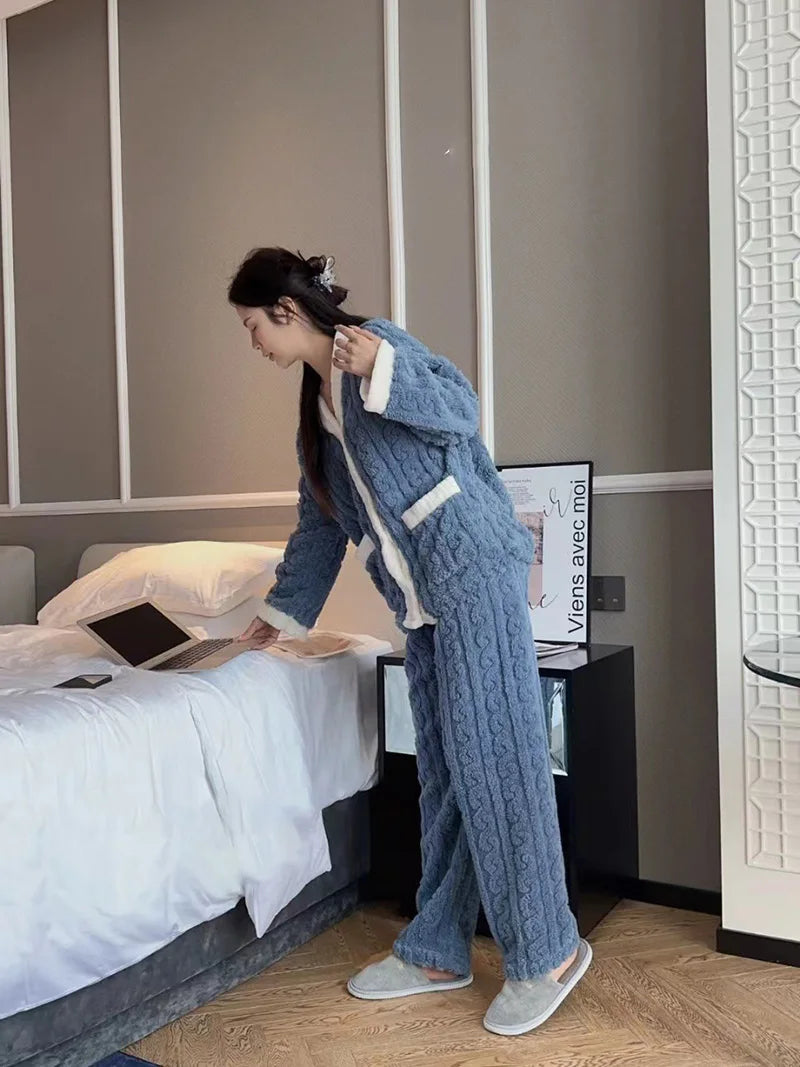 2pcs/Set Autumn And Winter Pajamas Women Thickened Padded Warm Students Coral Girls Clot Velvet Suit Homewear Cardigan Trousers RT220