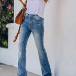 Women Jeans Bleached High Waist Flare Jean Zipper Fly Vintage Washed Loose Fit Denim Full Length Pants Pockets Basics Solid RT220