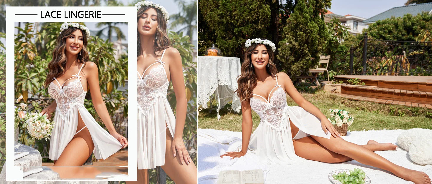 New Sexy Nightgown White Lace Babydoll Set Women's Romantic Sheer Floral Lingerie Flowy Skirt Chemise Mini Dress Hot Sale Nighty RT220