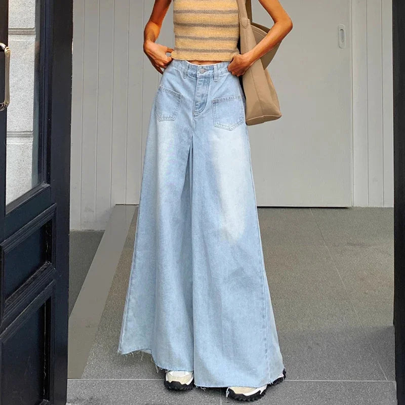 Woman High Waist High Street Wide Leg Jeans Female Loose Designer Pants Girls Fashion Y2k Blue Light Blue Gothic Denim Trousers RT220