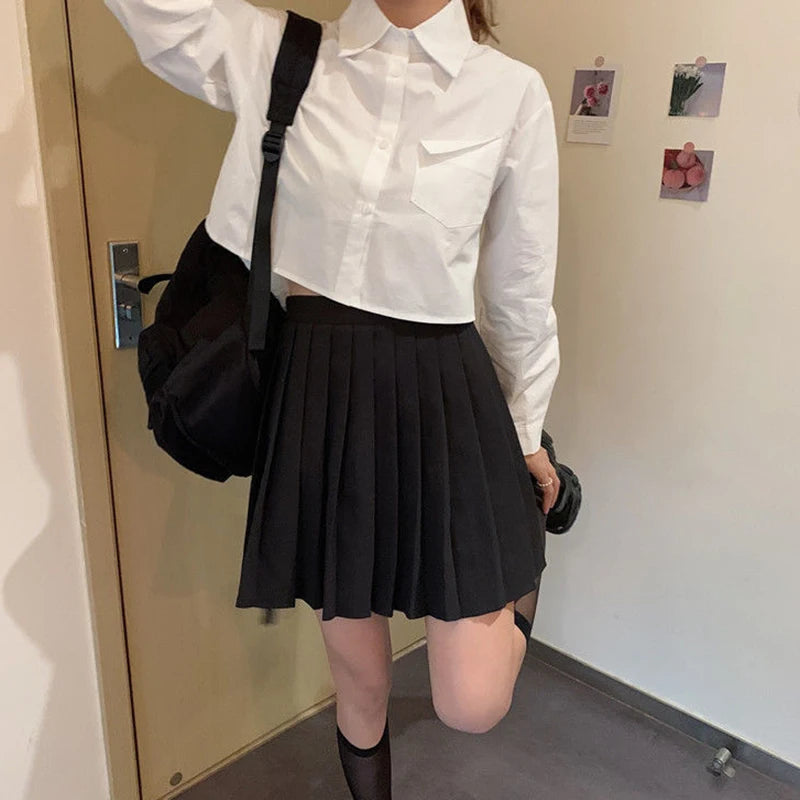 MEXZT Fashion Korean Pocket Cropped Blouse Women Casual Preppy Style Long Sleeve Short Shirt Fall Solid White All-match Y2k Tops RT220