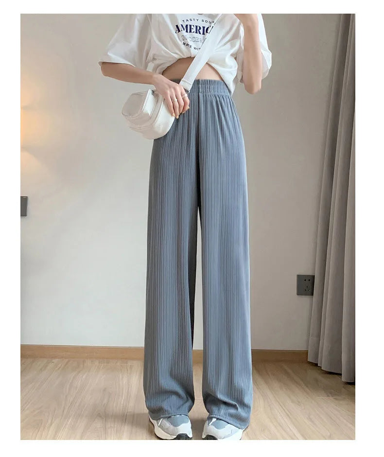 Thin Summer Wide-leg Pants Ice Filament Permeability Women Spring Women Elastic Waist Stright Long Wide Leg Pants Casual Female RT220
