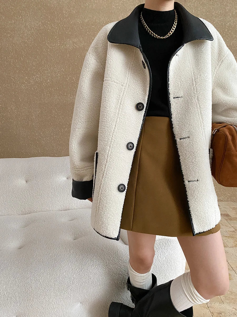 [LANMREM] Faux Fur Thick Warm Coats Lapel Single Breasted Office Lady Elegant Female Outwear Fashion 2025 Winter New 26C1095 RT220