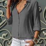 Ladies' Elegant Solid Chiffon Top Summer Casual Long Sleeve V-neck Loose Shirt Office Women's Solid Color Collar Fashion Top RT220