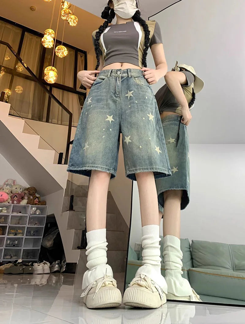 American Style Vintage Women's Short Jeans High Waisted Washed Wide Leg Denim Pants Woman Fashion Do Old Star Knee Length Shorts RT220
