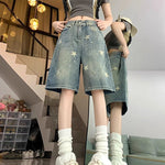 American Style Vintage Women's Short Jeans High Waisted Washed Wide Leg Denim Pants Woman Fashion Do Old Star Knee Length Shorts RT220