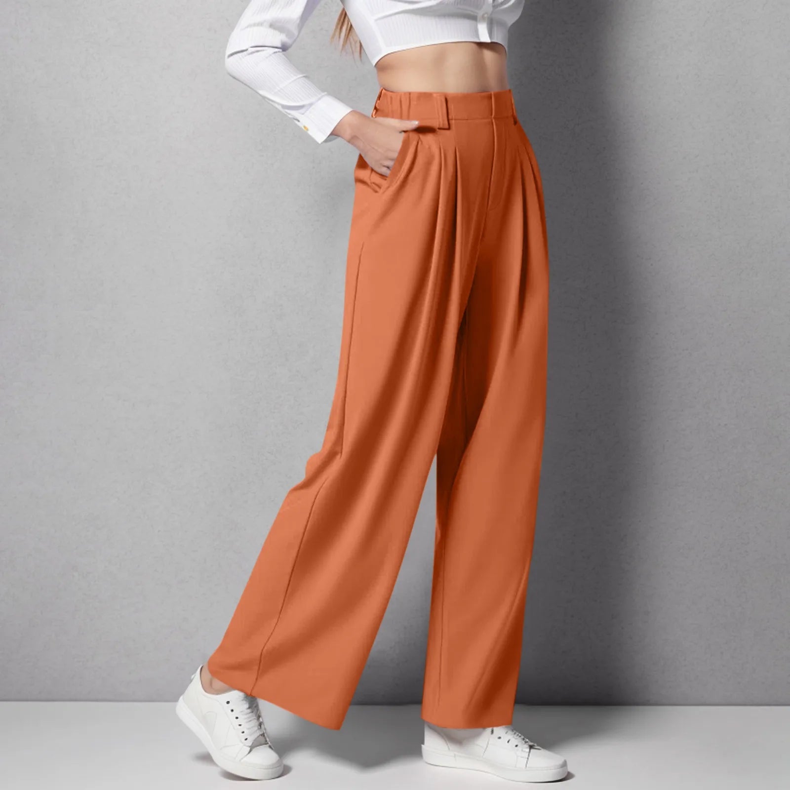 2024 New Pantalones De Mujer Women's Wide Leg Pants Elastic High Waisted Knit Casual Palazzo Pants Trousers With Pockets RT220