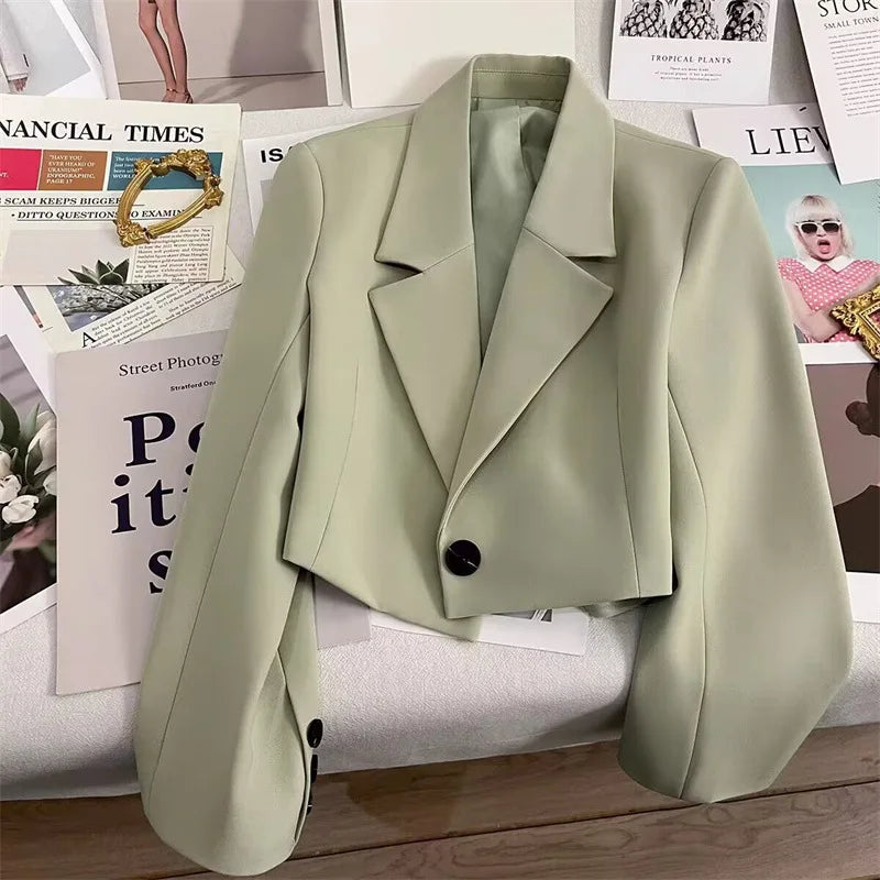 Korean Cropped Blazers Women Autumn Solid Color Simple Single-button Outwear Teens All-match Long Sleeve Office Lady Suit Jacket RT220