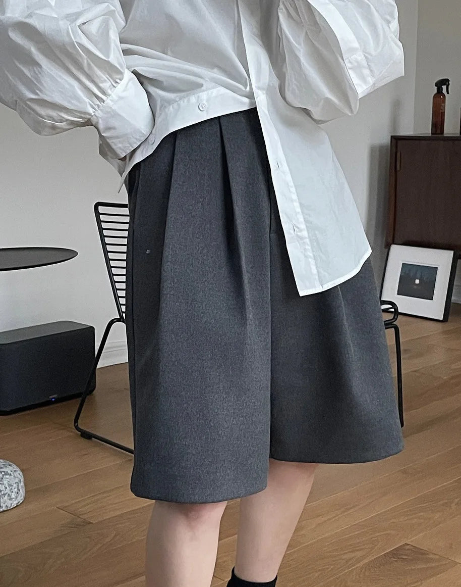 [LANMREM] Pleated Wool Shorts For Women High Waist Straight Office Lady Loose Clothing Korean Style 2025 Summer New 26D8692 RT220