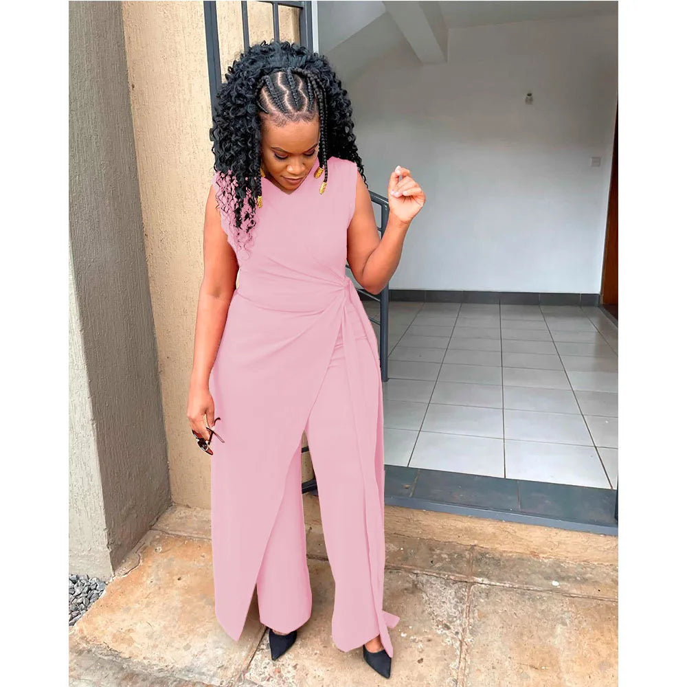 Women's Jumpsuit Summer Fashion Tied Detail V-Neck Casual Plain Sleeveless Asymmetrical Work Long Jumpsuit Y2K Streetwear RT220