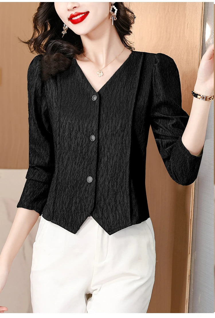 Fashion V-Neck Womens Shirts And Blouse 2025 Spring Autumn Simplicity Streetwear Tops Women Elegant Slim Casual Clothing Femme RT220