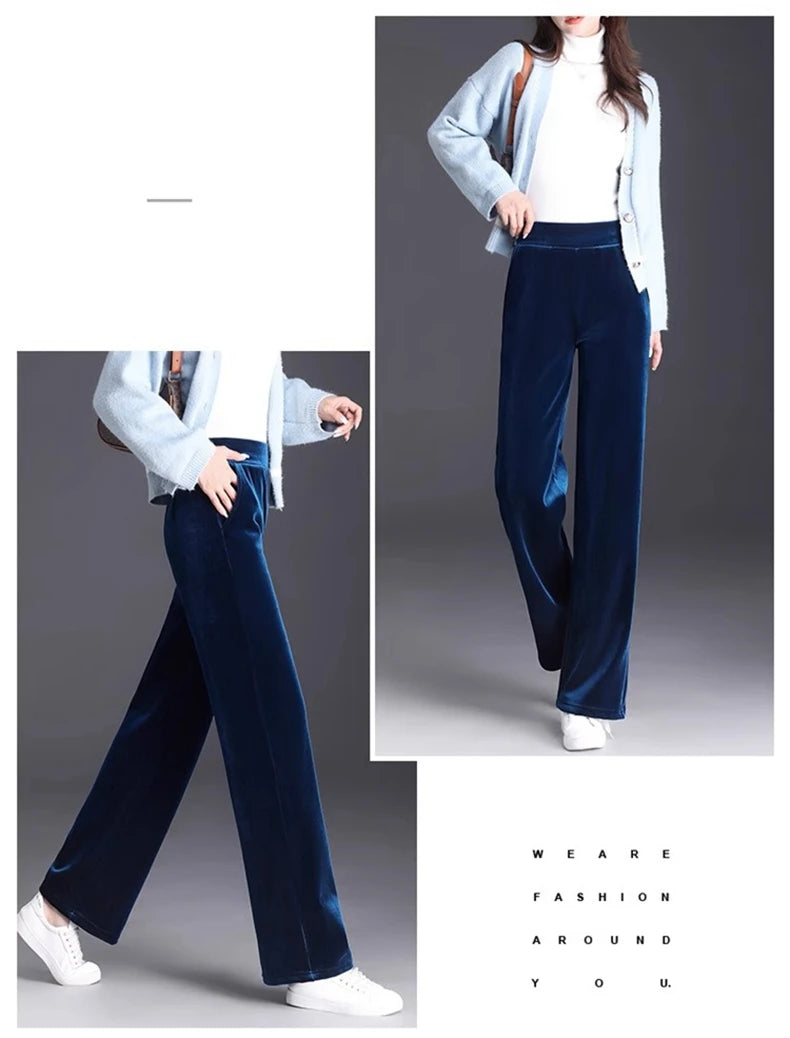 Golden Velvet Wide Legged Pants 2024 Spring and Autumn High Waist Hanging Good Casual Pants Blue Loose Straight Women's Pants6XL RT220