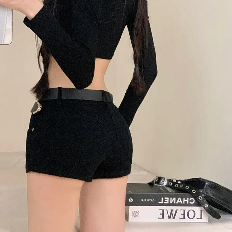Y2k Black Sexy Gothic Denim Shorts Women Skinny High Street Low Waist Summer Streetwear Chic Punk Style Fashion Hotsweet Ladies RT220